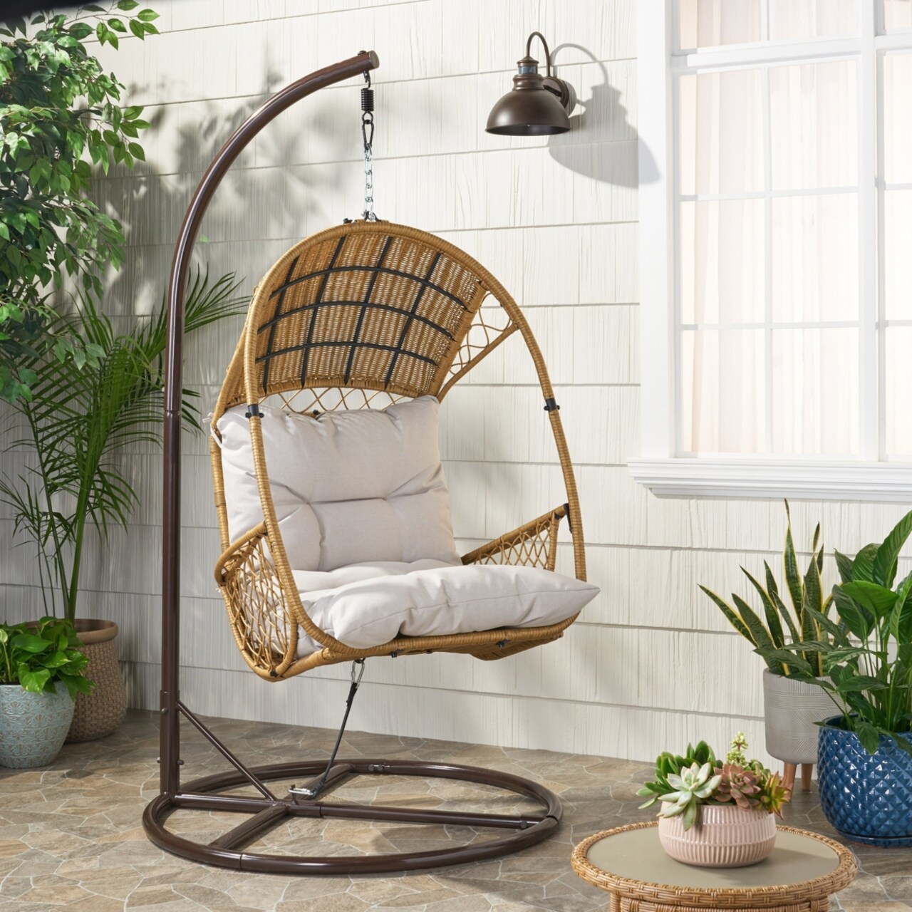 GDF Studio Primo Outdoor Wicker Hanging Basket Egg Chair with Stand